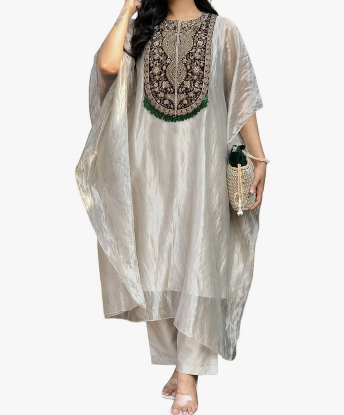 GoSriKi Kurta Set for Women Salsa Embroidered | Kaftan Kurti Set for Woman | Kurta Palazzo 2 Piece Outfit 